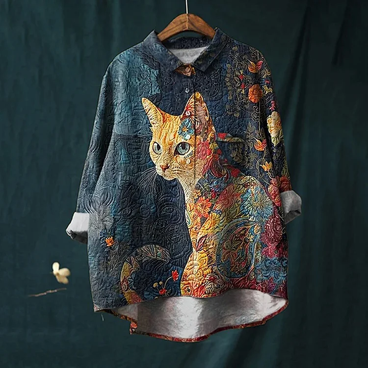 Women's Animal Cat Art Print Casual Cotton and Linen Shirt