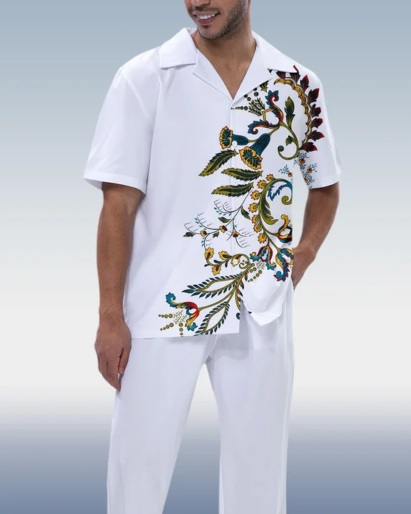 Suitmens Men's White Printed Short Sleeve Shirt Walking Set 277