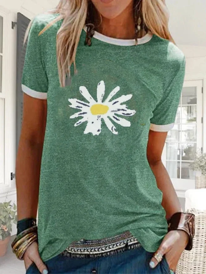 Small daisy print round neck short-sleeved t-shirt socialshop