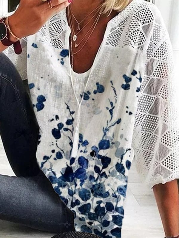 Floral-Print 3/4 Sleeve Casual Tops