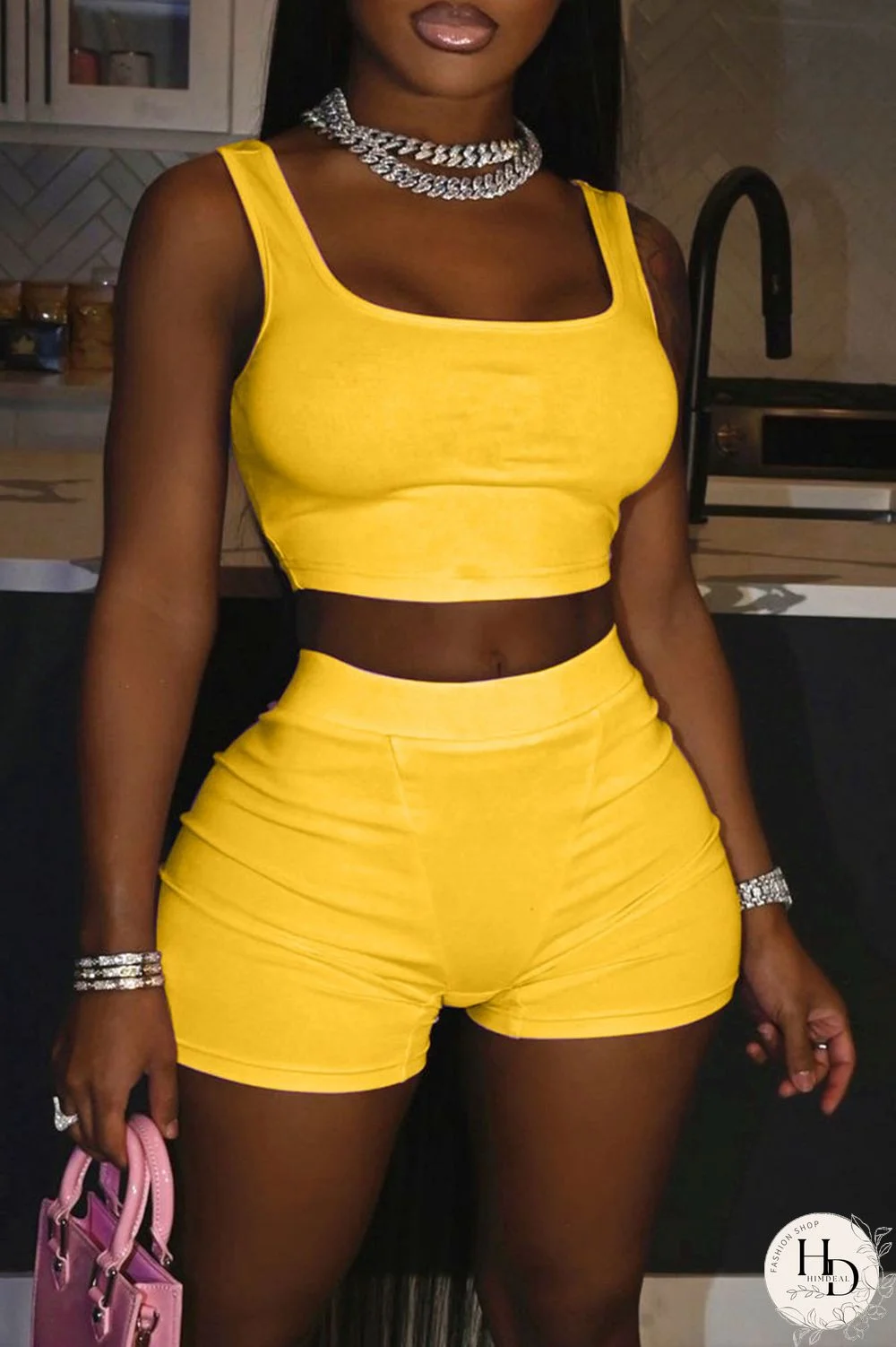 Red Solid Split Joint U Neck Sleeveless Two Pieces