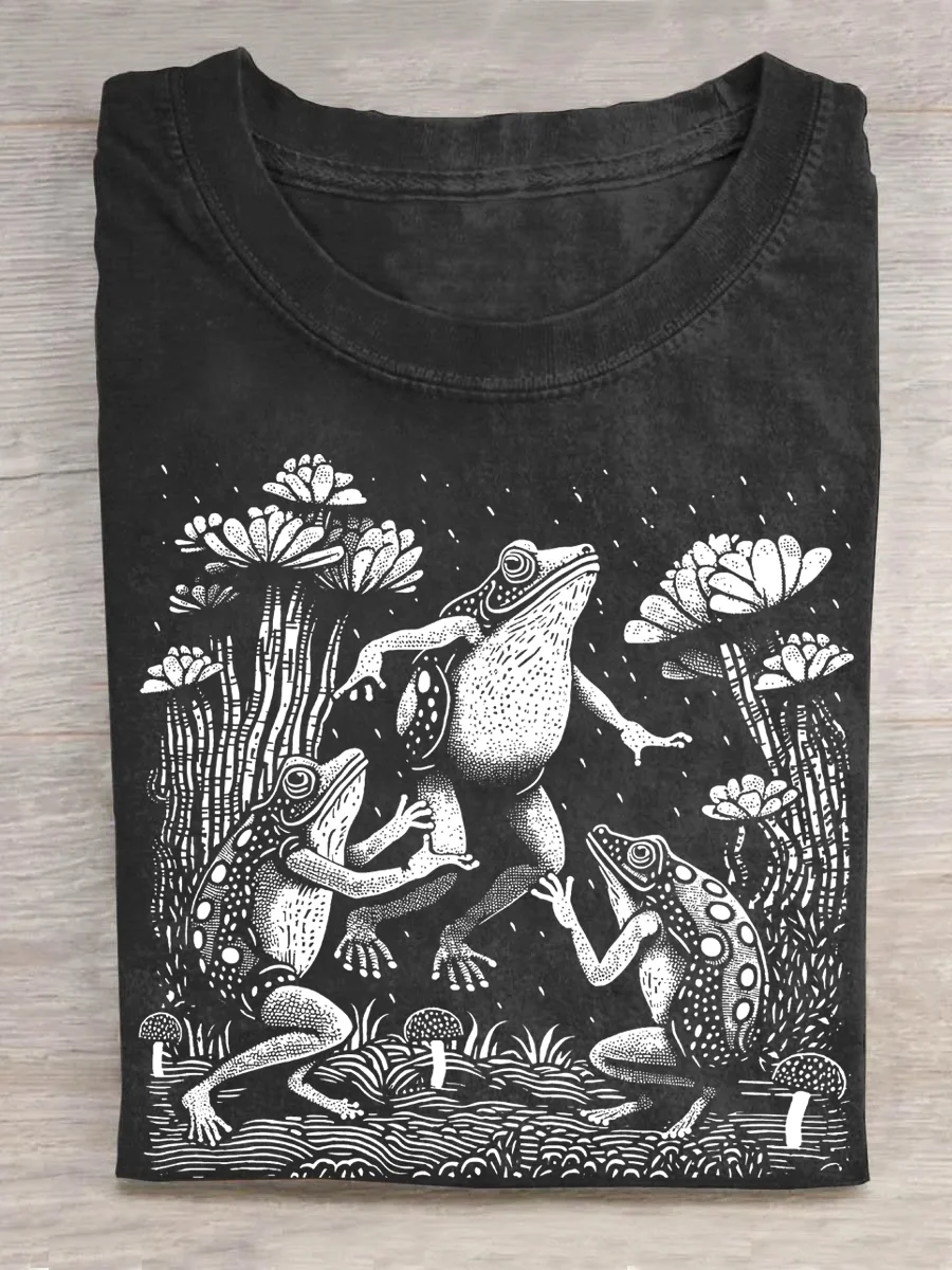 Eagerlys Frogs Dancing in The Rain Block Print Style T-shirt Eagerlys