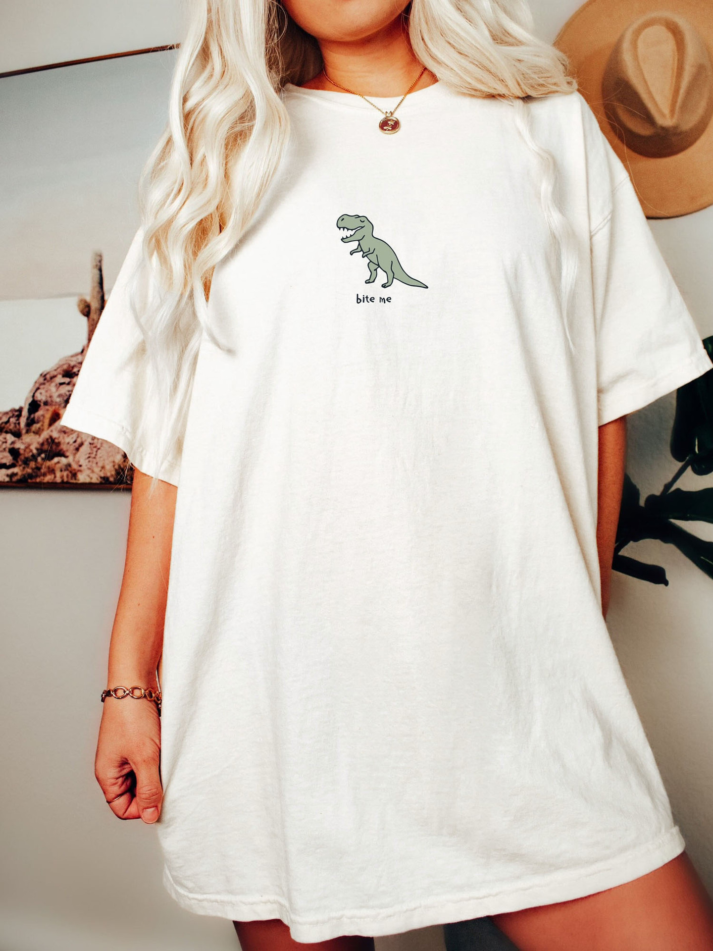 Women's Dinosaur Bite Me Print Cotton Oversized T-shirt / [blueesa] /