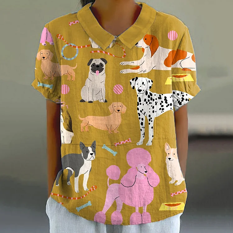 Comstylish Cute Dog Print Lapel Casual Blouse