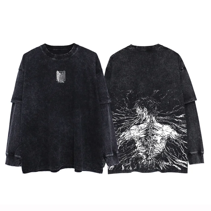 Retro Eren Yeager Anime Printed Oversized Washed Long Sleeve T-Shirt