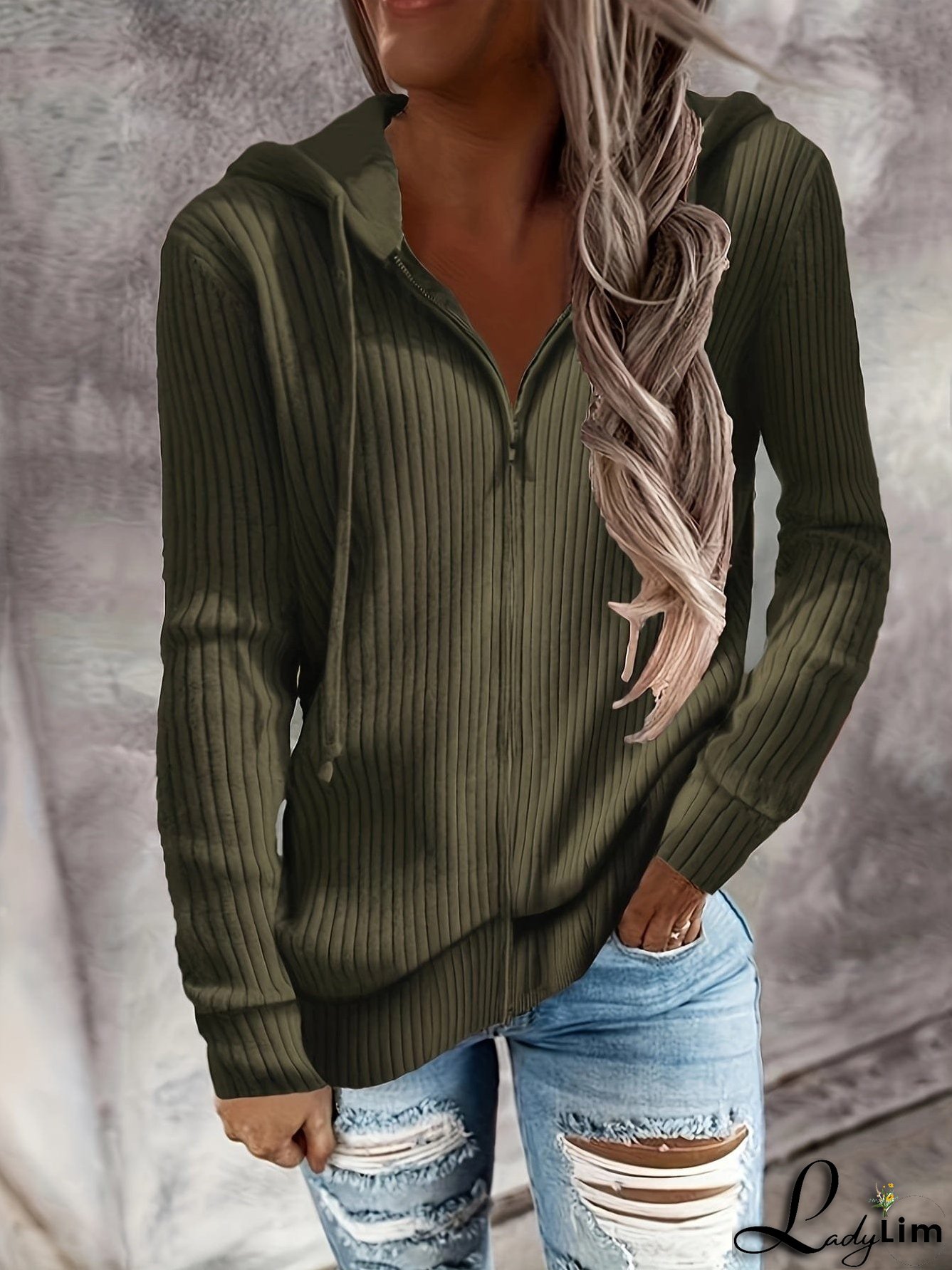 Plus Size Casual Coat, Women's Plus Solid Ribbed Zip Up Long Sleeve Drawstring Hoodie Sweater