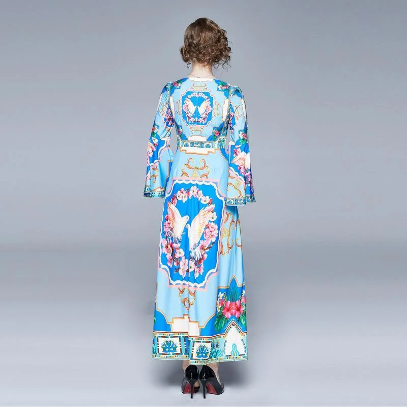 All-match fashion retro exquisite floral bird print V-neck flared sleeve dress