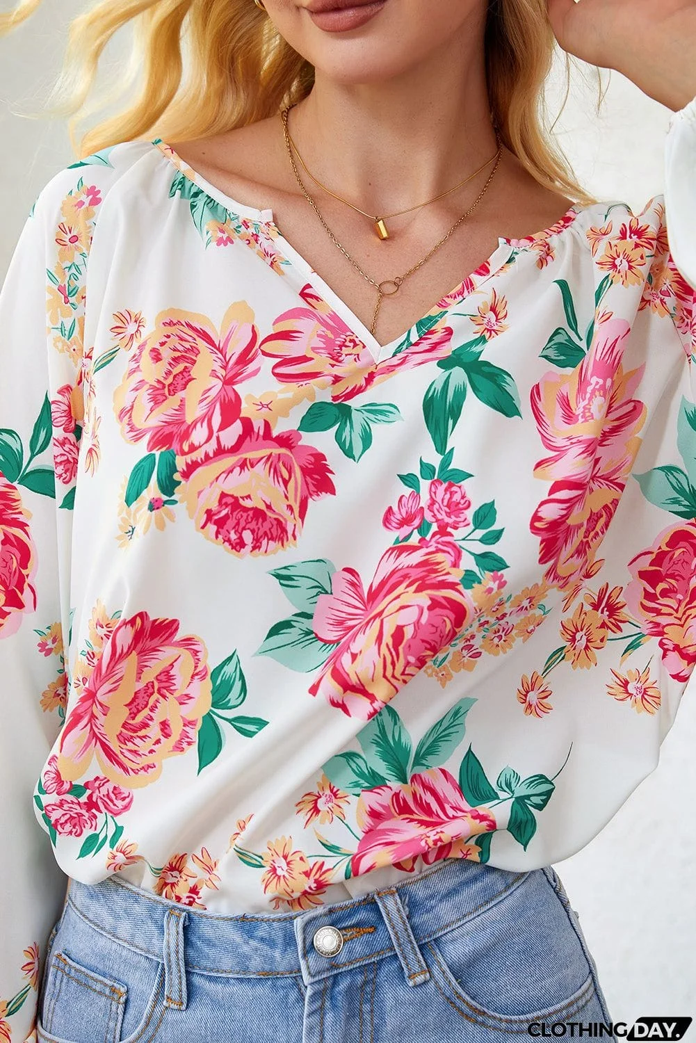 Floral Notched Neck Long Sleeve Blouse