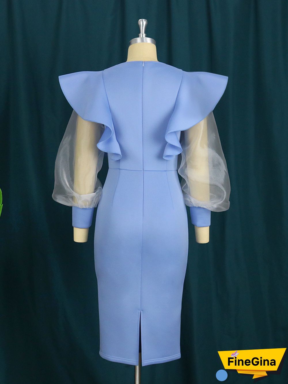 Elegant Blue Dresses Women See Through Long Tulle Sleeve Slim Ruffle Dress Classy Bright Large Size Party Birthday Outfits