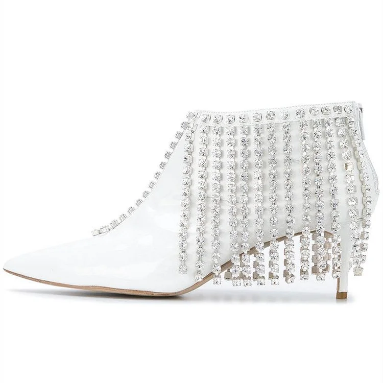 Rhinestone White Fringe Ankle Boots with Pointy Toe Kitten Heels Vdcoo