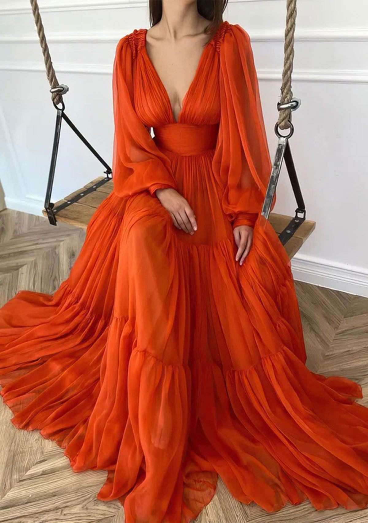 Ovlias Gorgeous Long Sleeve V Neck Layered Flowy Comfortable Prom Dress LY0442