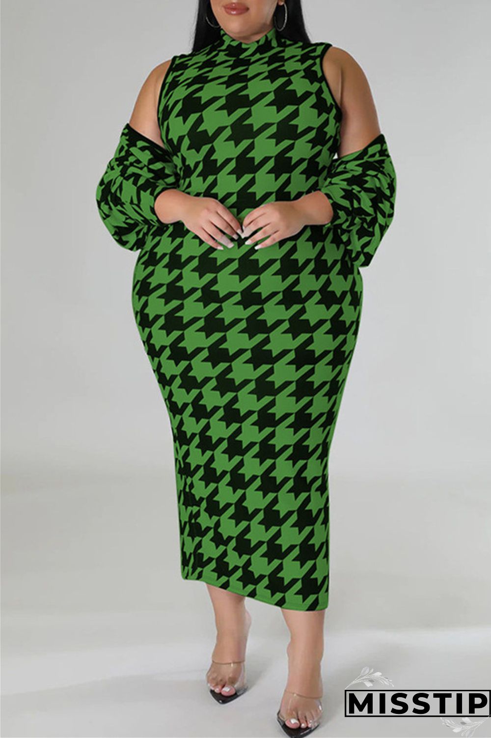 Red Casual Print Basic Half A Turtleneck Sleeveless Dress Plus Size Two Pieces