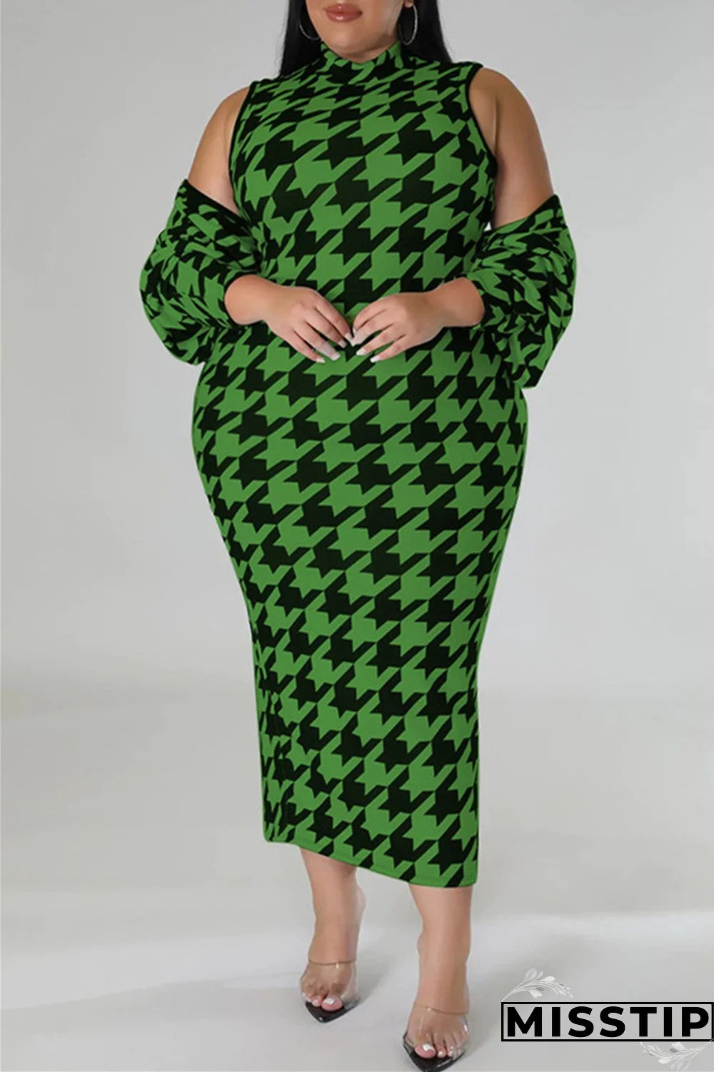 Red Casual Print Basic Half A Turtleneck Sleeveless Dress Plus Size Two Pieces