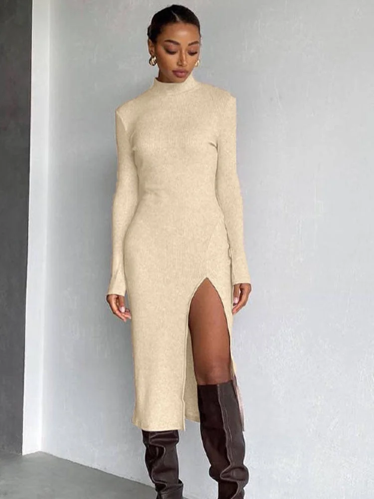 Jacuqeline 2021 Autumn Winter Turtleneck Ribbed Women Knitted Midi Dress Sexy Bodycon With Pads Basic Long Sleeve Split Dresses