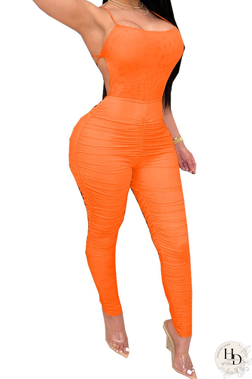 Fluorescent green Fashion Casual Solid Draped Polyester Sleeveless Slip Jumpsuits