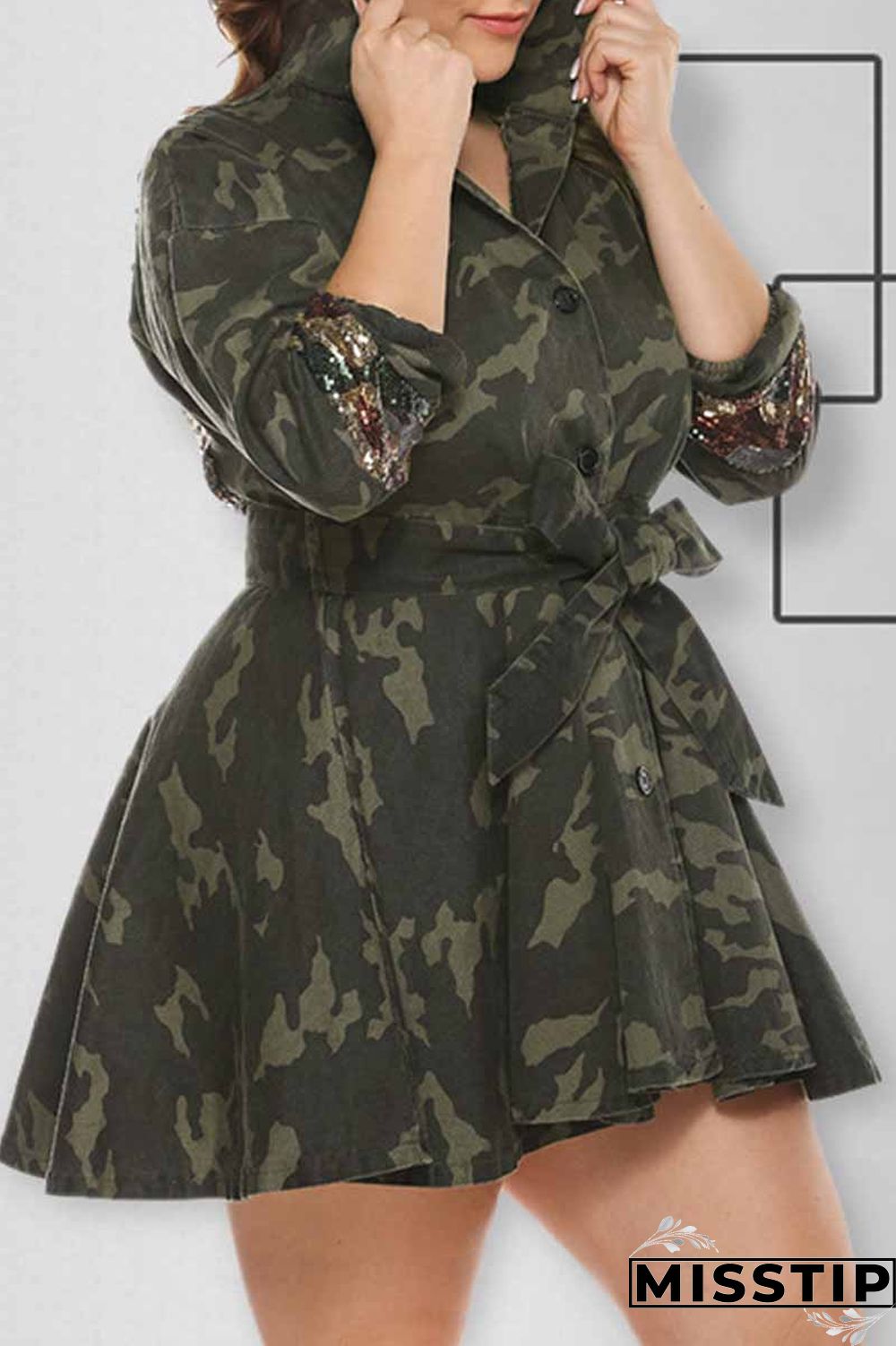 Camouflage Fashion Casual Camouflage Print Patchwork With Belt Turndown Collar Plus Size Overcoat