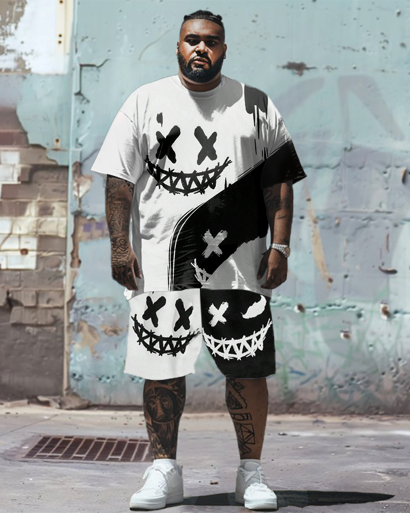 Printed Men's Plus Size Simple Color Matching Smiley Face Pattern Printed T-shirt Shorts Suit