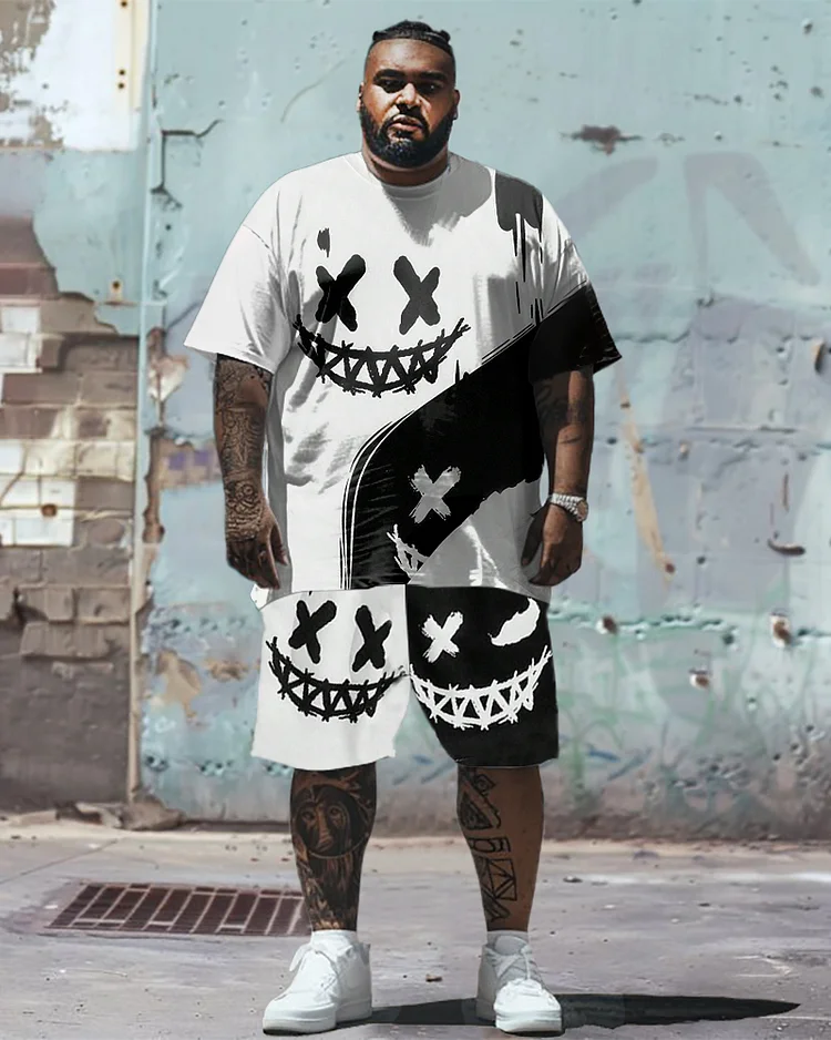 Printed Men's Plus Size Simple Color Matching Smiley Face Pattern Printed T-shirt Shorts Suit