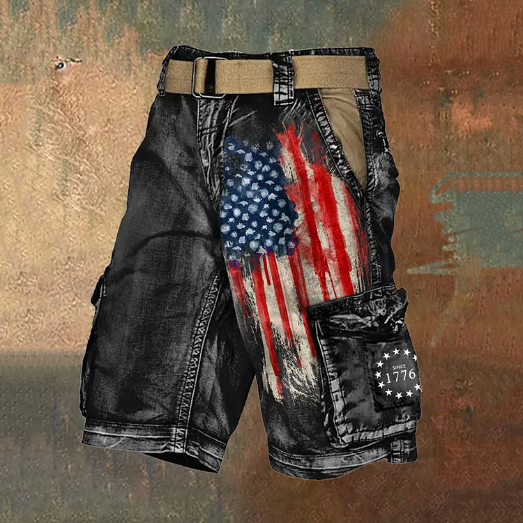 Comstylish Men's Vintage Flag Independence Day Multi-Pocket Print Cargo Shorts (Belt Not Included)