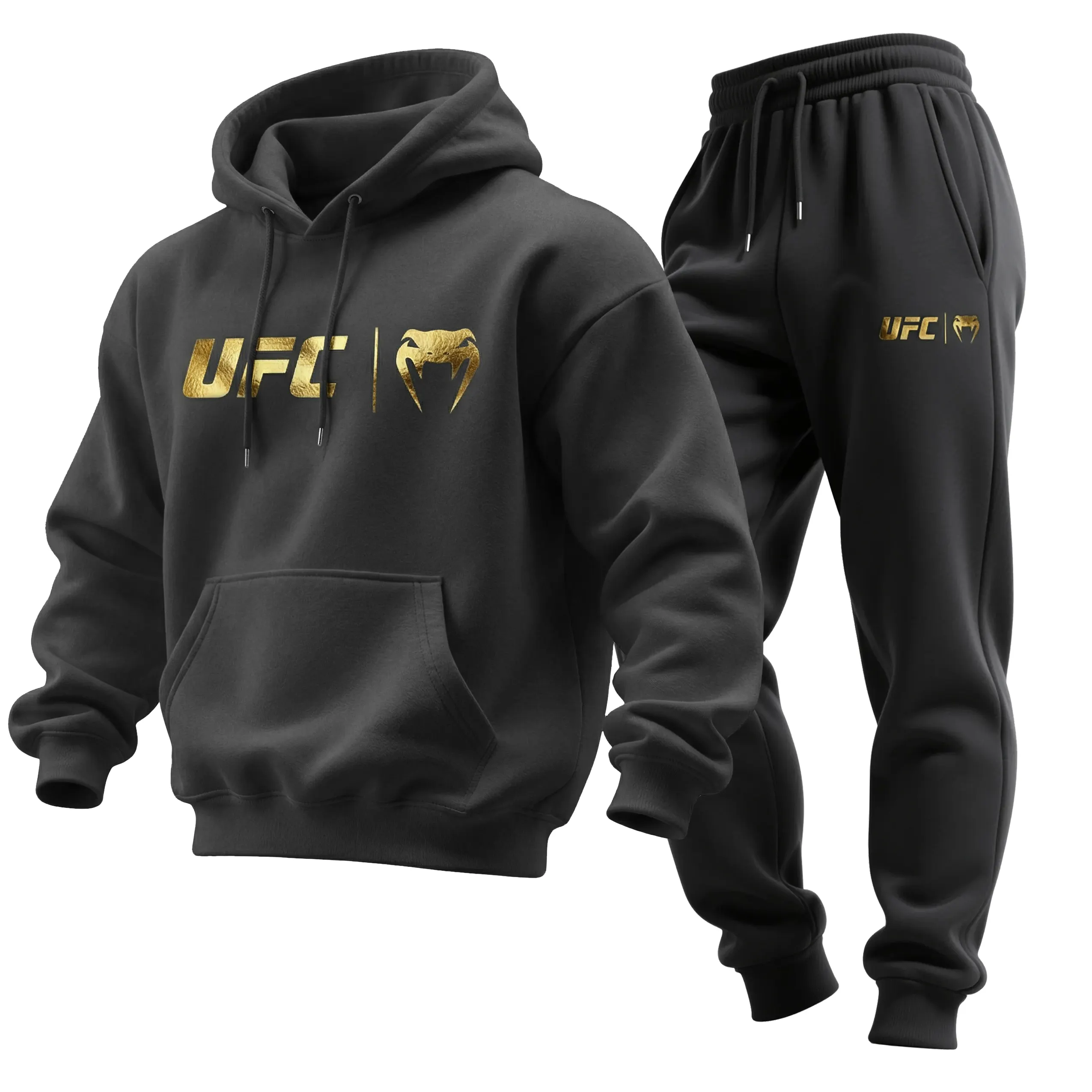 Men's Boxing-themed Loose-fitting Hooded Sweatshirt With Gold Foil Print And Trousers Set