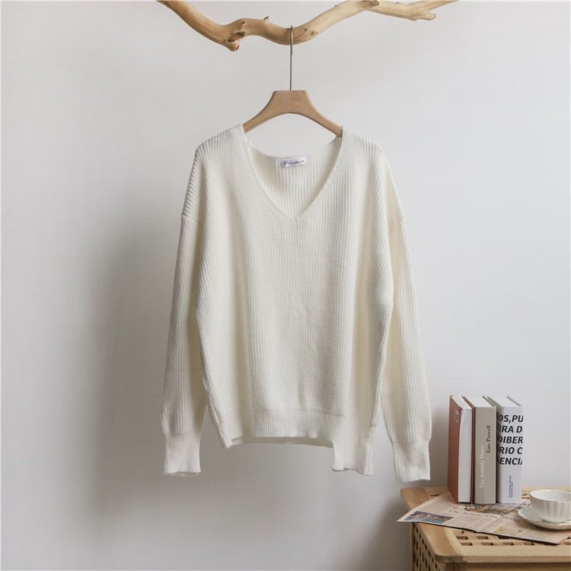 Autumn Winter V Neck Blue Thick Knit Pullover Women's Irregular Oversize Sweater Knitted Long Sleeve White Warm Sweaters 17630