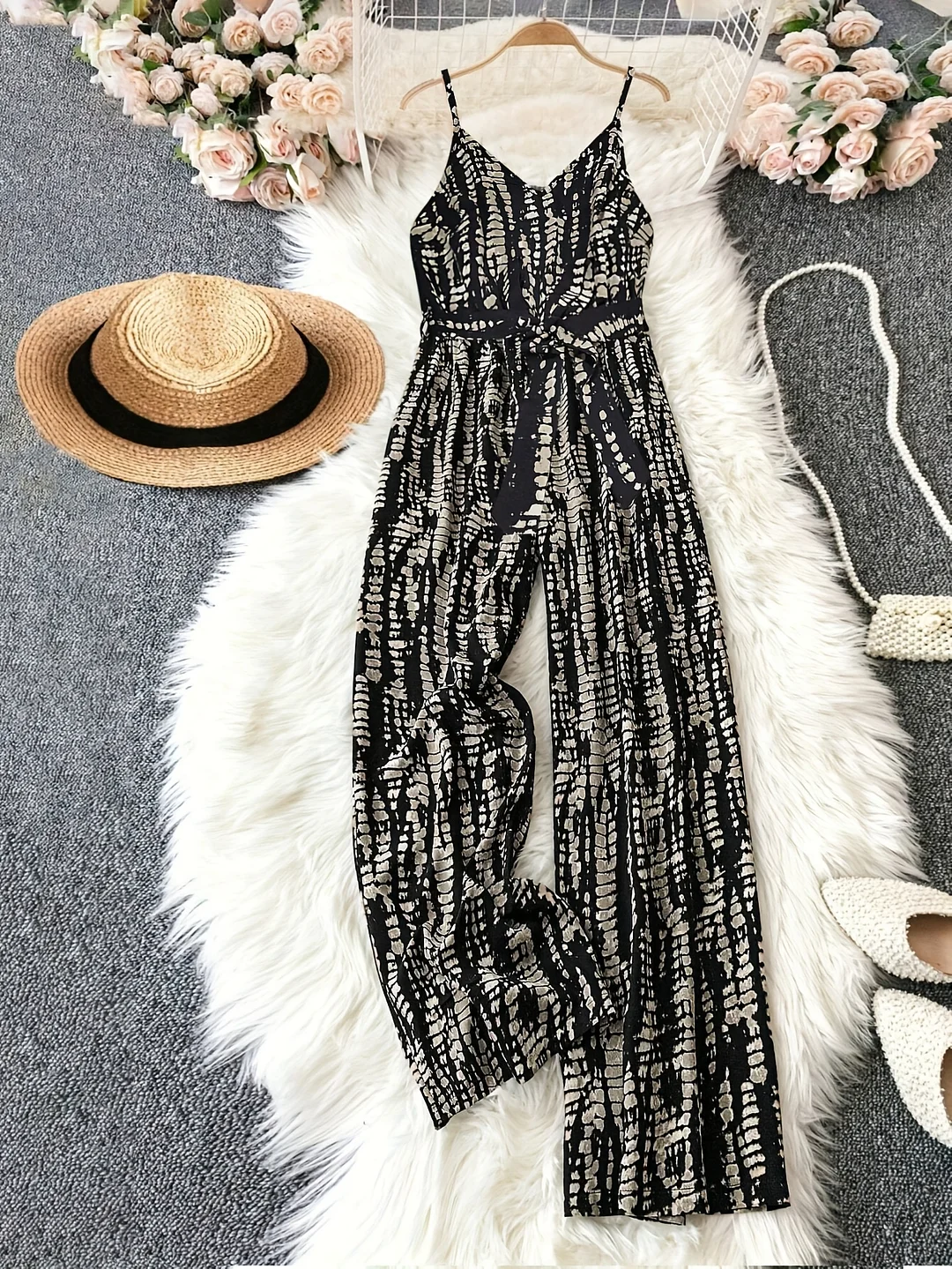 Women's V-Neck Camisole Jumpsuit - Breathable Geometric Print Romper With Adjustable Waist Tie, Lightweight Machine-Washable All-Season Casual To Dressy Outfit, Versatile Clothing, Knotted Waist Style, Comfortable Fit | IFYHOME