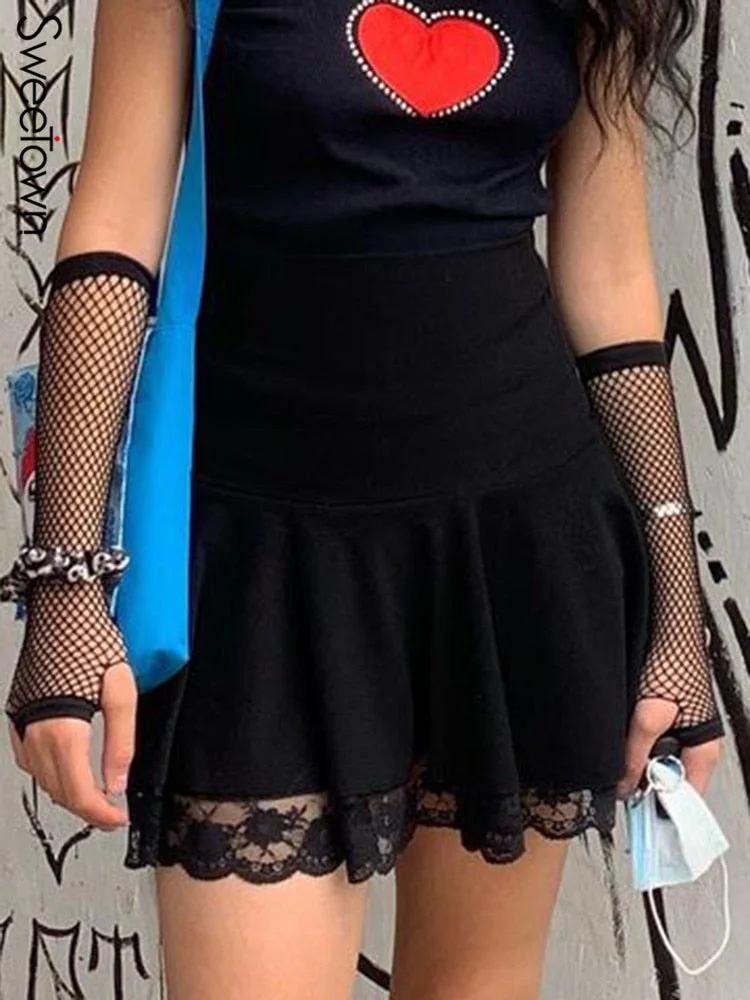 Sweetown Black Goth Y2K Pleated Skirt Woman Punk Style Dark Academia Aesthetic Fairycore Mini Skirts Lace Edge High Waist Saias