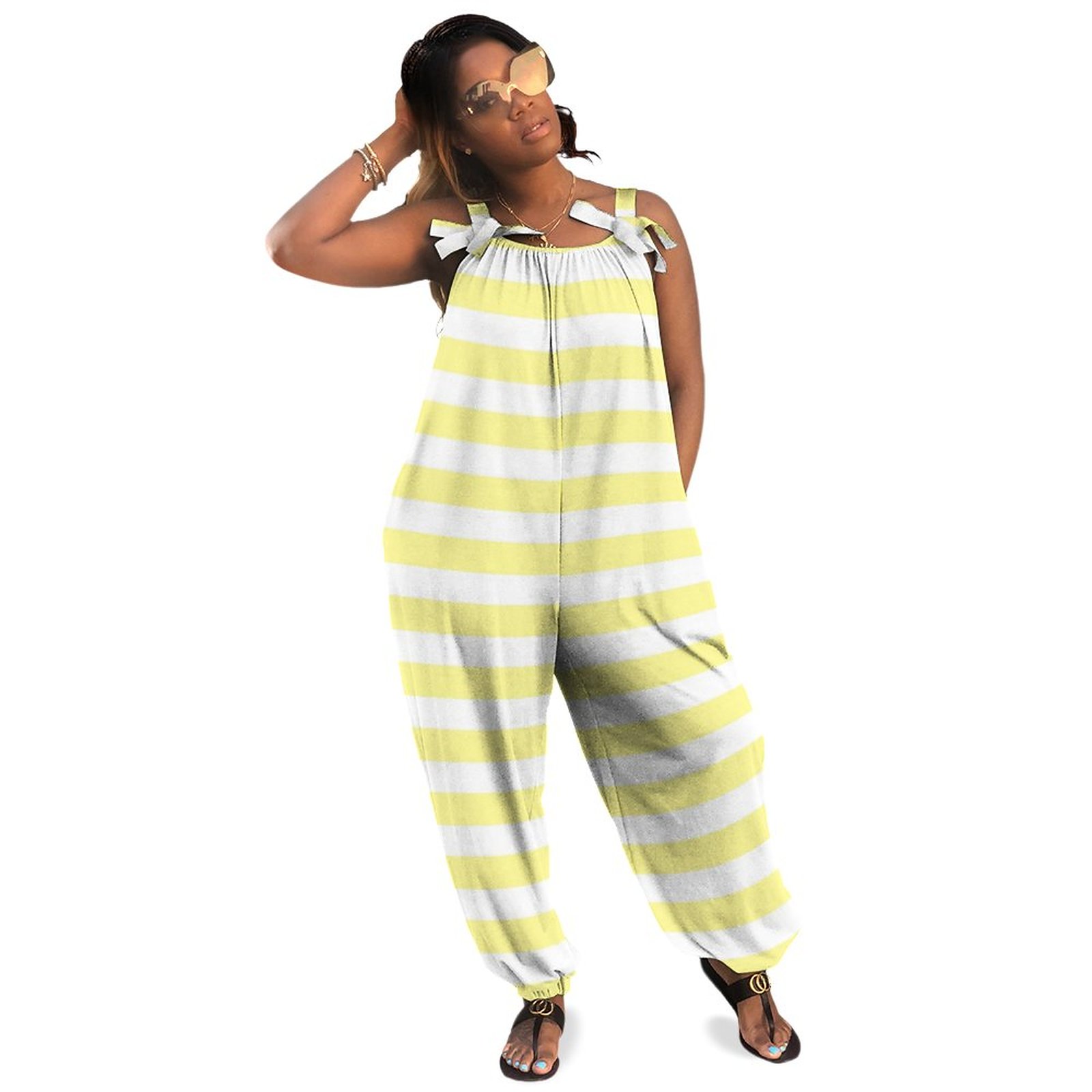Pale Yellow And White Stripes Women Plus Size Jumpsuit Summer Loose Harem Pants Boho Loose Jumpsuit Romper Dress With Shorts Casual Pockets Polyester Spandex