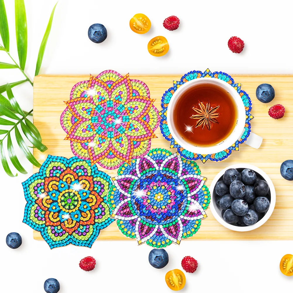 6pcs Datura DIY Diamonds Painting Coaster Woodiness with Rack Cup Pad Decor