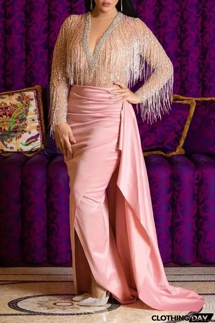 Long Pink V-Neck Long Sleeve Formal Evening Dress