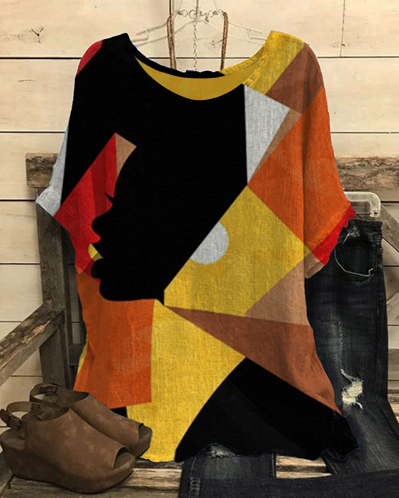 African Girl Colorblock Geometry Print Short Sleeve Casual Linen Blend Tunic