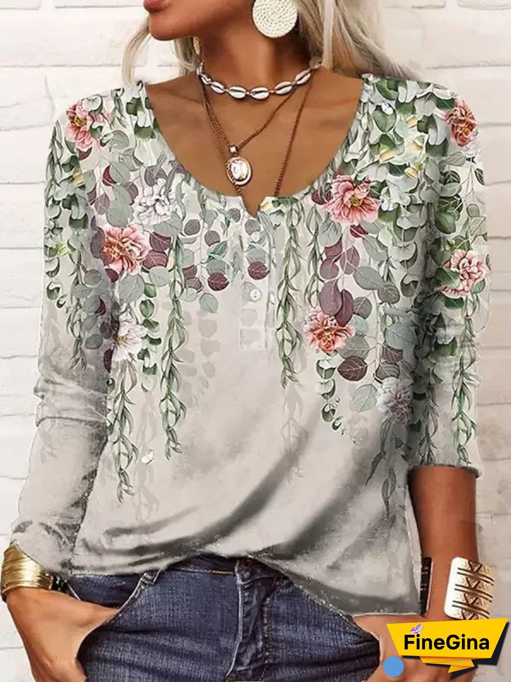 Women's Scoop Neck Long Sleeve Floral Printed Tops