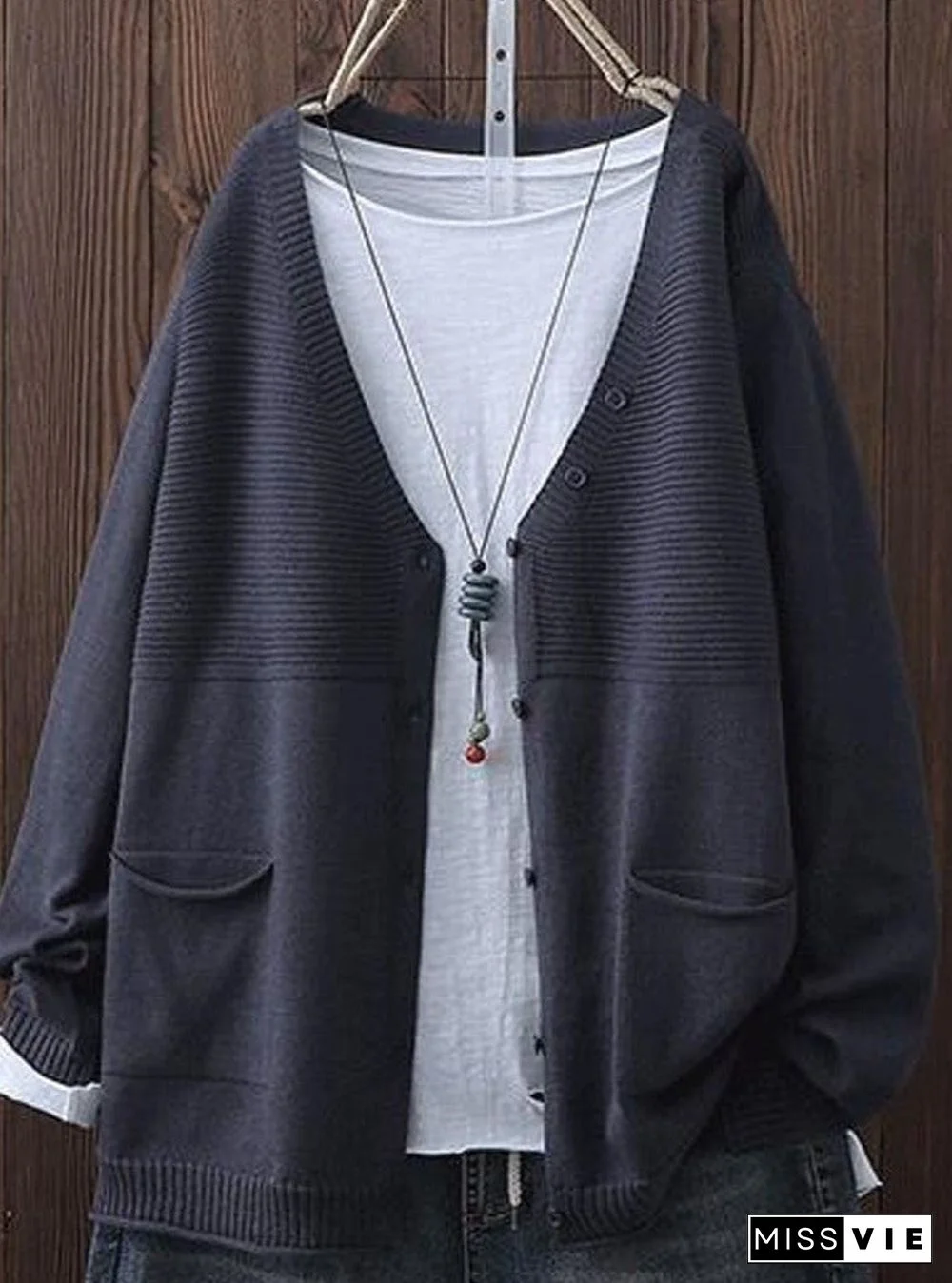 Solid Color Double Pocket Casual Knitted Cardigan