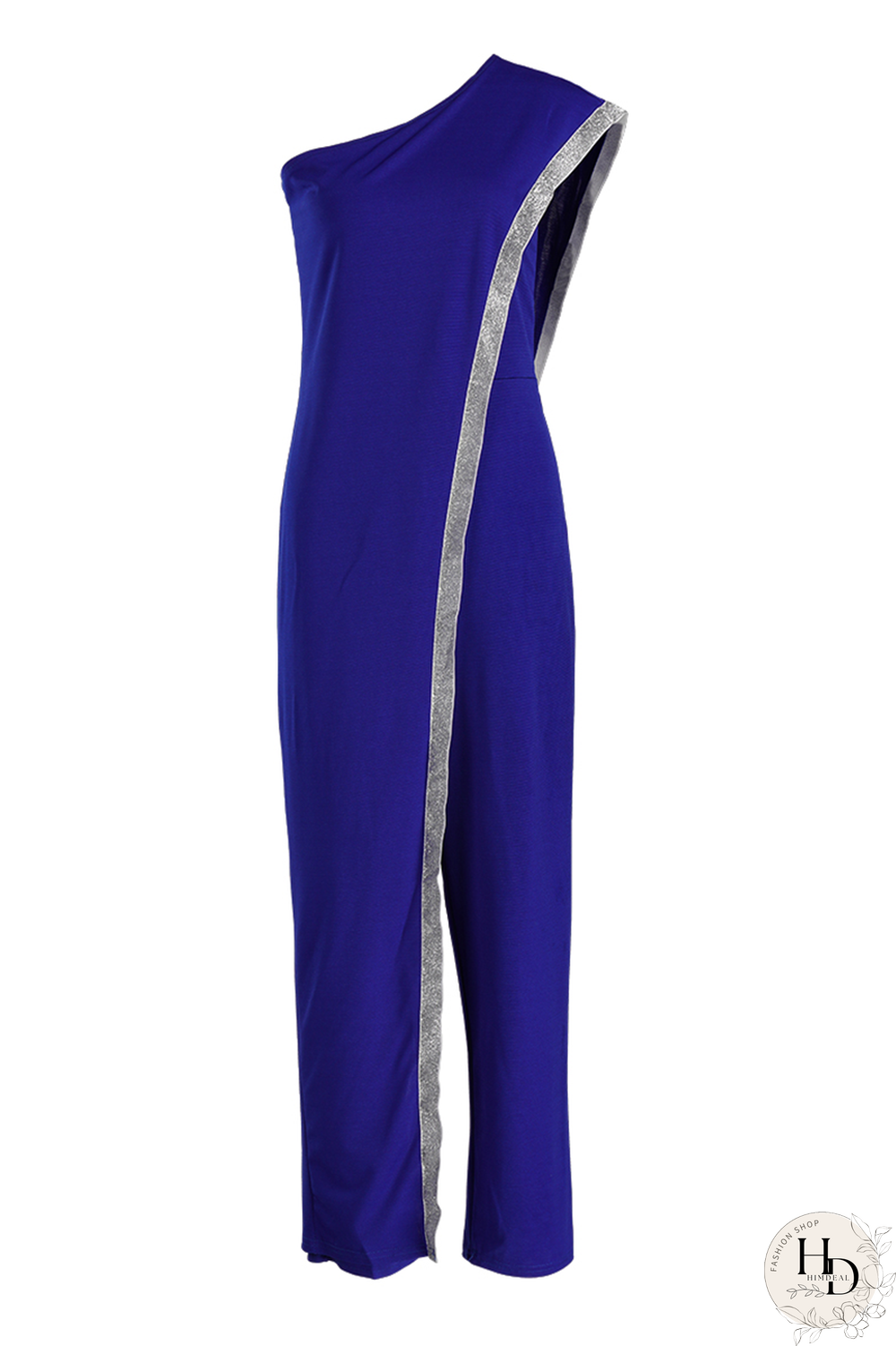 Blue Sexy Solid Sequins One Shoulder Skinny Jumpsuits