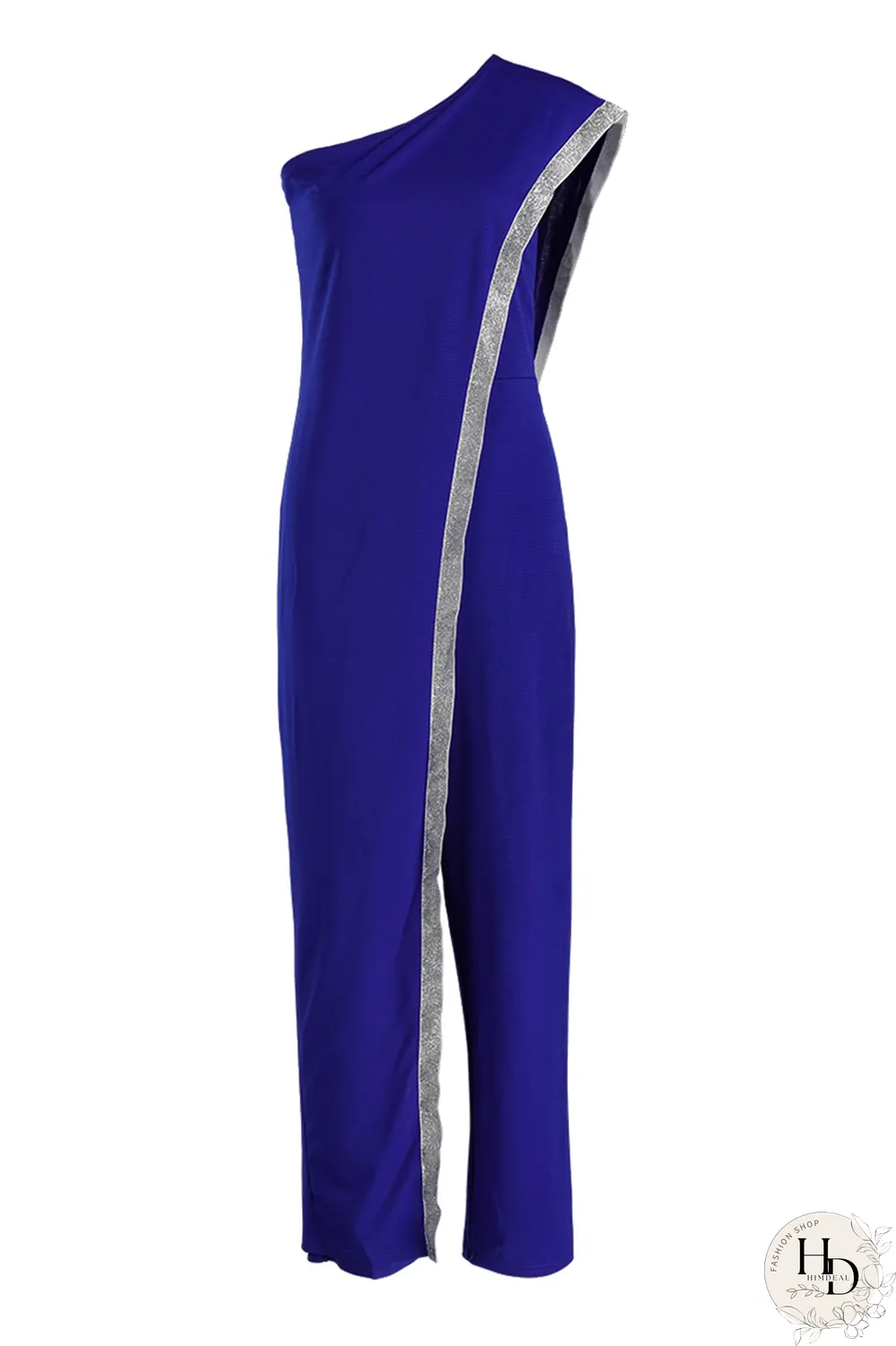 Blue Sexy Solid Sequins One Shoulder Skinny Jumpsuits