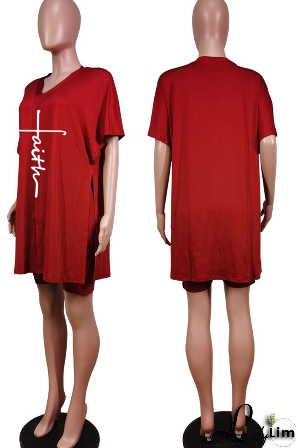 Tangerine Red Casual Print Split Joint V Neck Short Sleeve Two Pieces