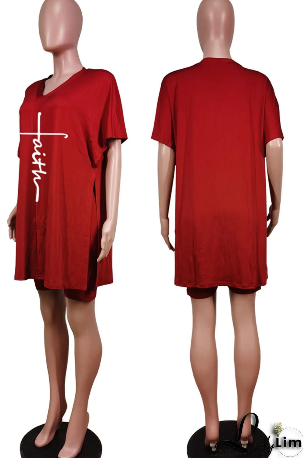 Tangerine Red Casual Print Split Joint V Neck Short Sleeve Two Pieces