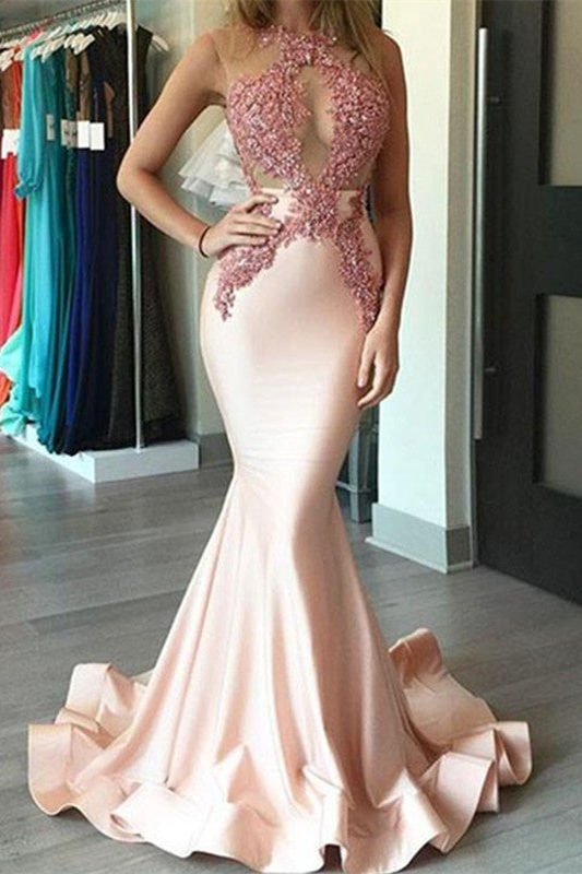 Mermaid Pink Evening Dress With Lace Appliques Ballbellas 