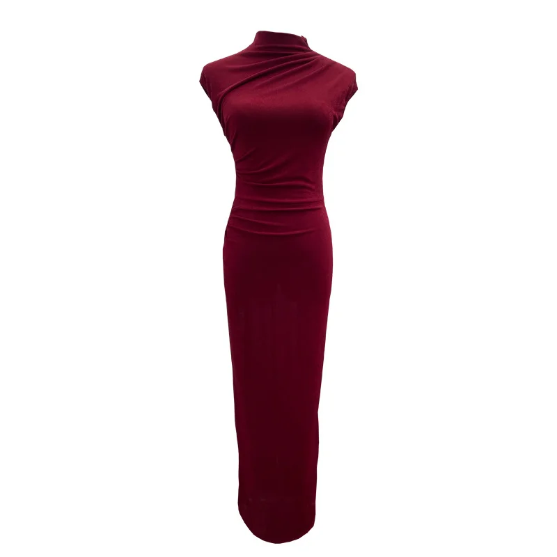 Uveng Ceclent Unique Dress With Thin Folds And Hips High-Collar After The Opening Of The Fork Dress 8858