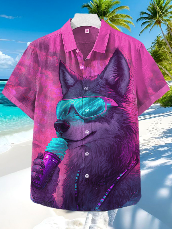 Men's Cool Wolf Eating Ice Cream Art Print Short Sleeve Shirt