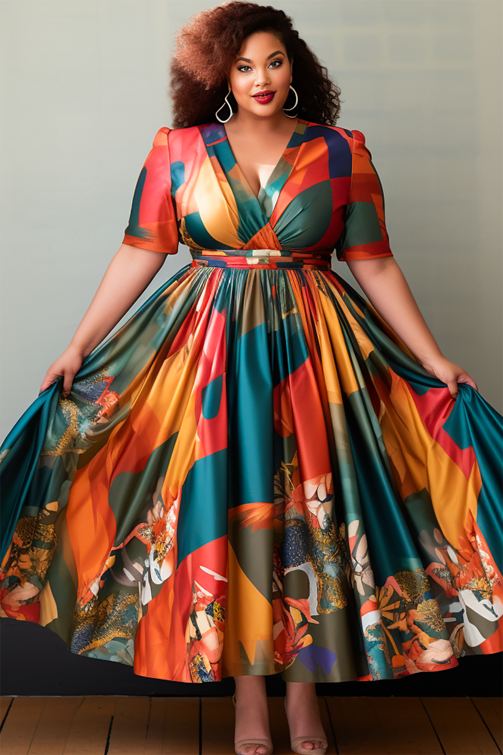 Design Plus Size Daily Boho Multicolor Spring Summer V Neck Short Sleeve Satin Maxi Dresses [Pre-Order]