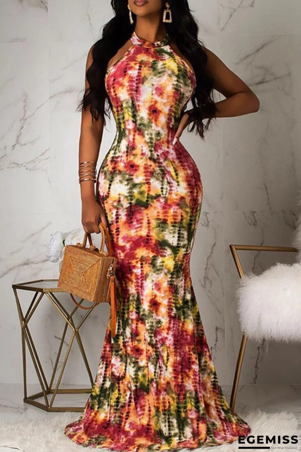 Orange Sexy Print Hollowed Out Patchwork Halter Straight Dresses | EGEMISS