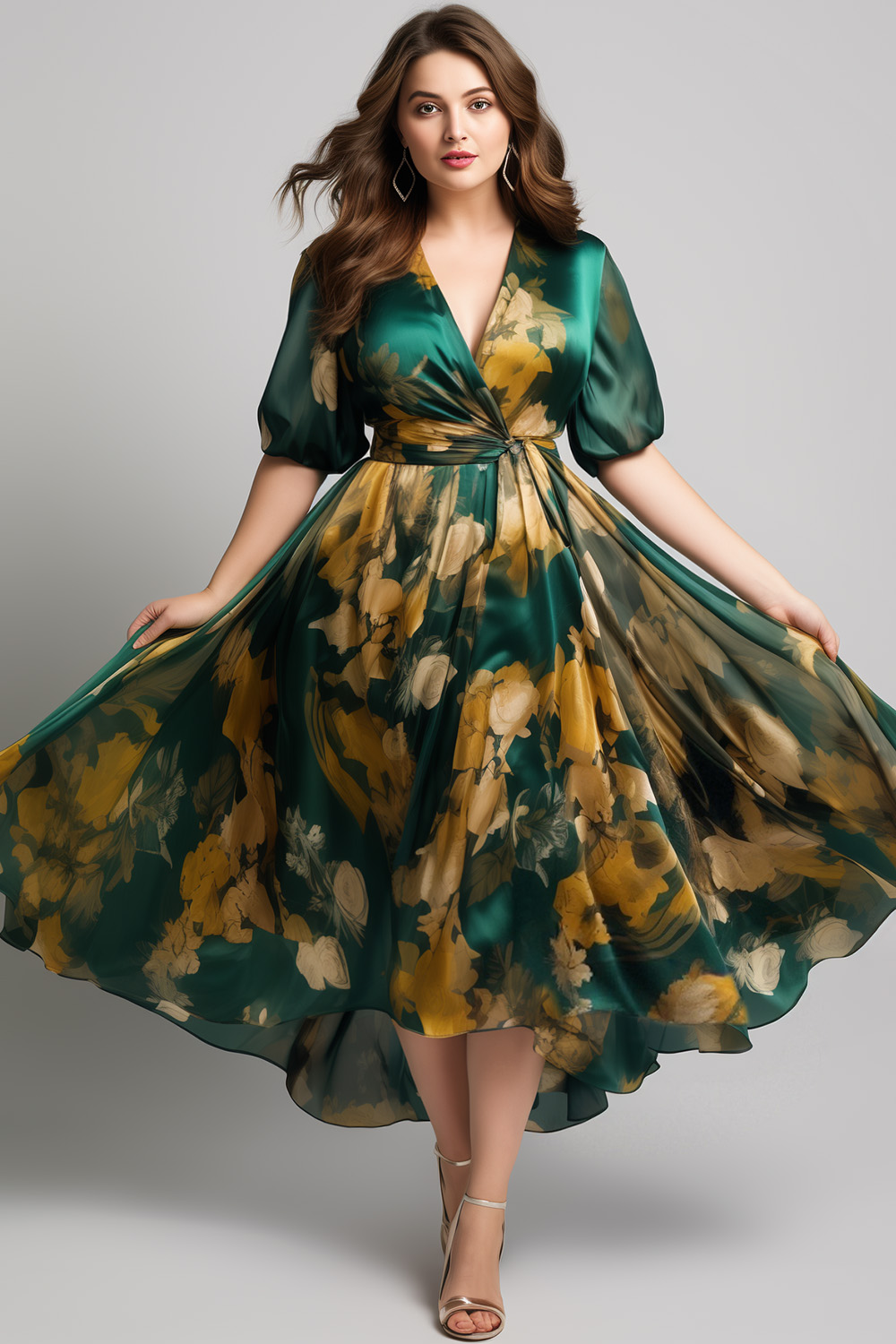 Flycurvy Plus Size Wedding Guest Emerald Green Organza Floral Print Wrap Puff Sleeve Maxi Dress 2024 - Flycurvy 