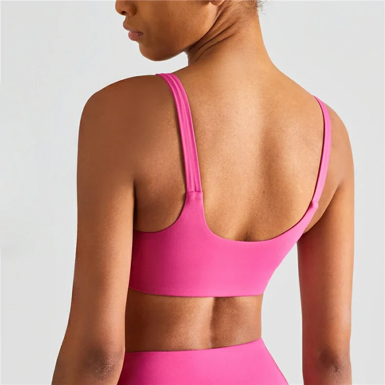 Types of pink lychee u back square neck hidden hem comfortable high impact lycra sports bra at a great price on Hergymclothing