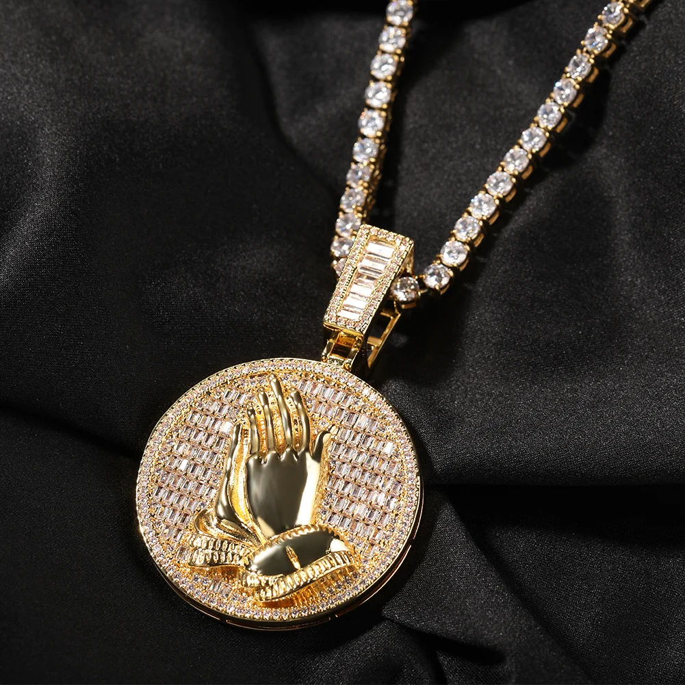 Round Medallion Pendant Necklace Iced Out Pray Hands Charms Hip Hop Jewelry-VESSFUL