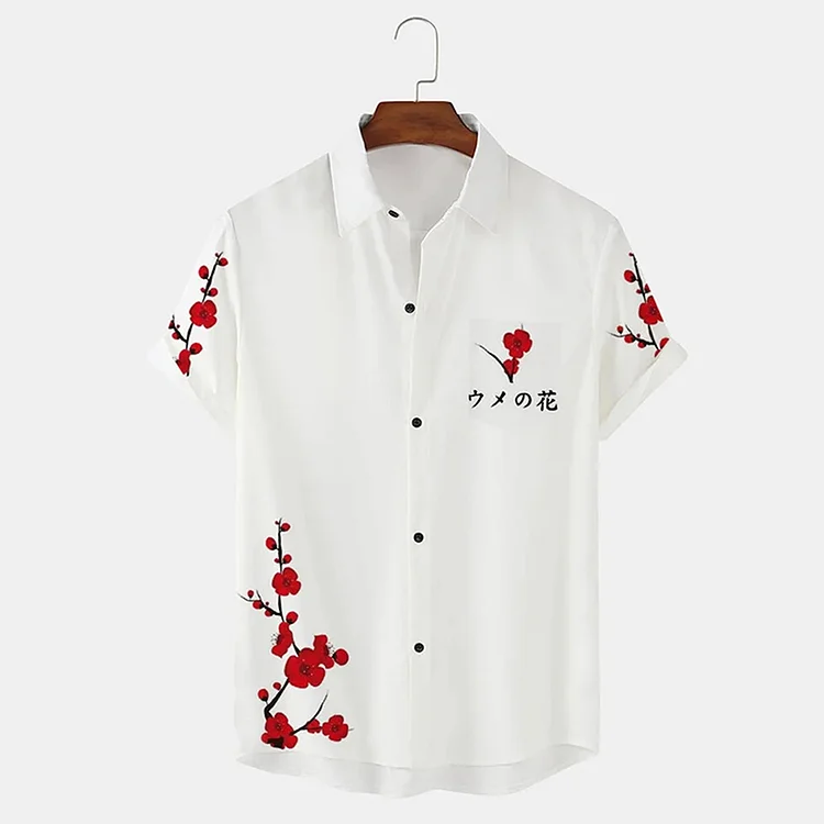Wearshes Men'S Plum Japanese Print Vacation Hawaiian Short Sleeve Shirt