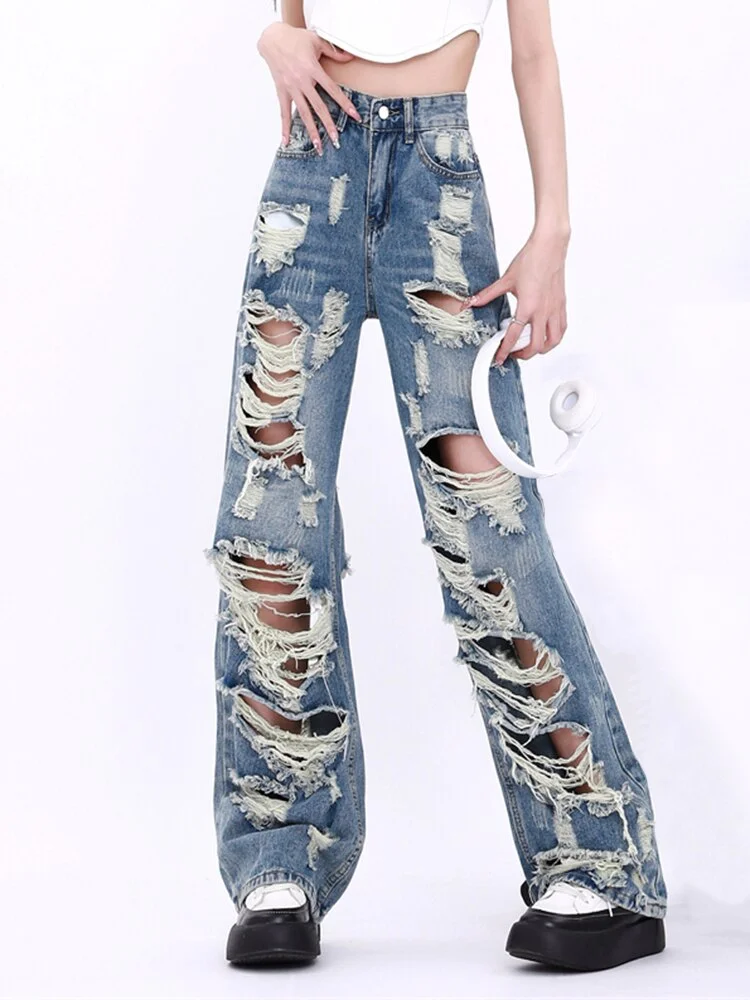Streetwear Straight Pants Ladies Ripped Jeans High Waist Loose Wide Leg Denim Trousers Ladies Jeans  Summer High Street Jeans
