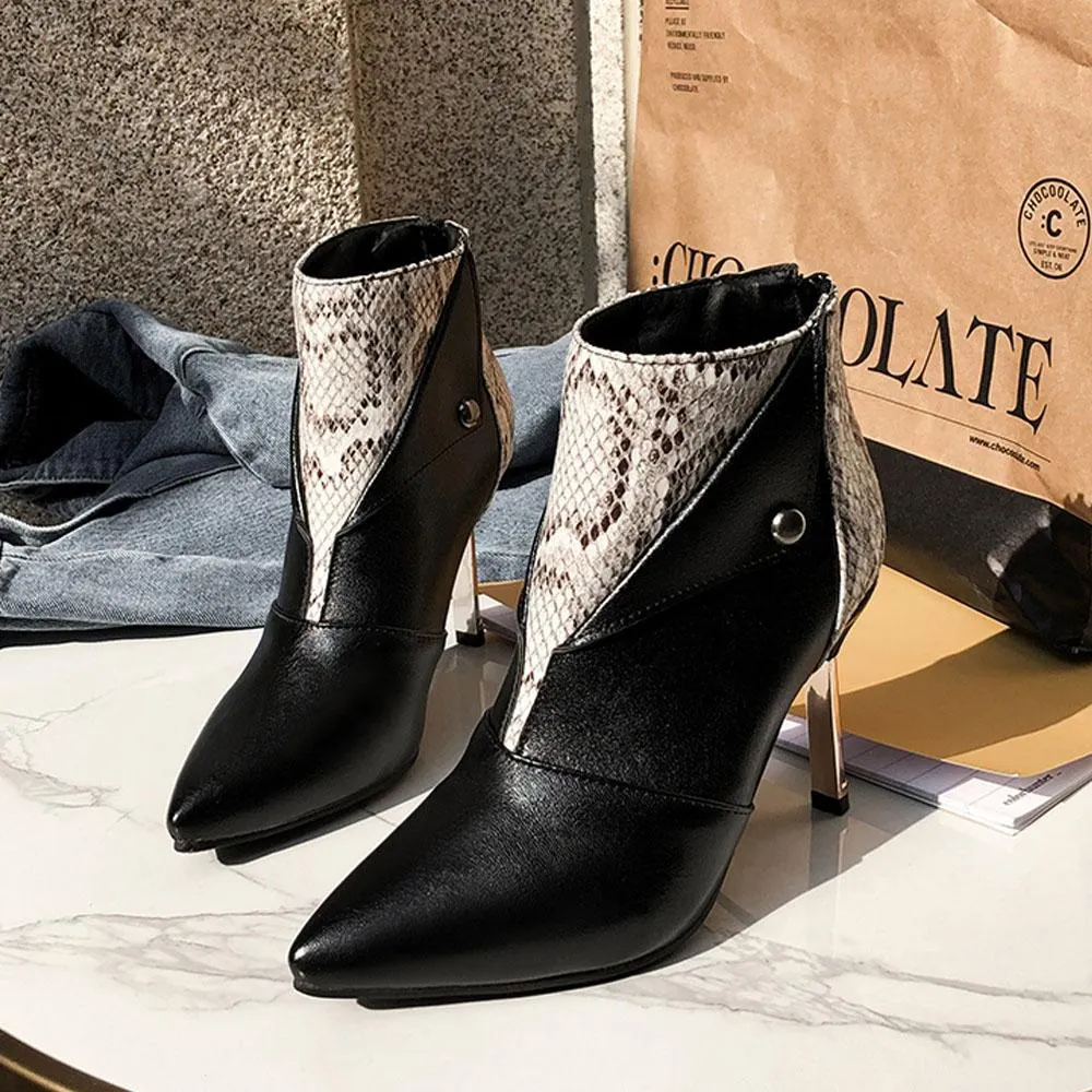 VCSHOES Leather Snakeskin Point Toe Ankle Boots