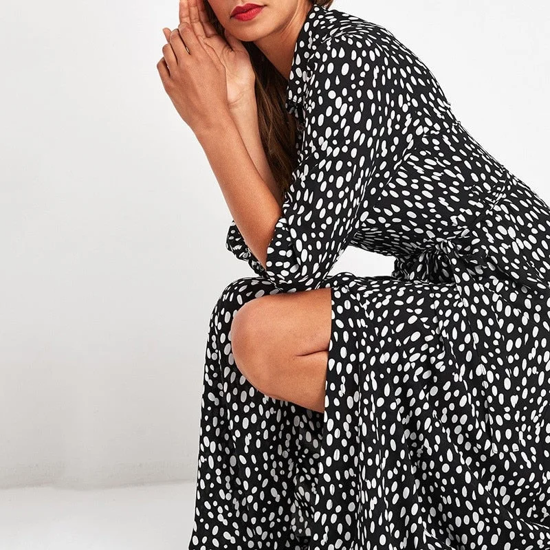 Autumn Polka Dot Chiffon Dress Women Turn-down Collar 3/4 Sleeve Belt  Elegant Ladies Midi Dresses Boho Casual Long Shirt Dress