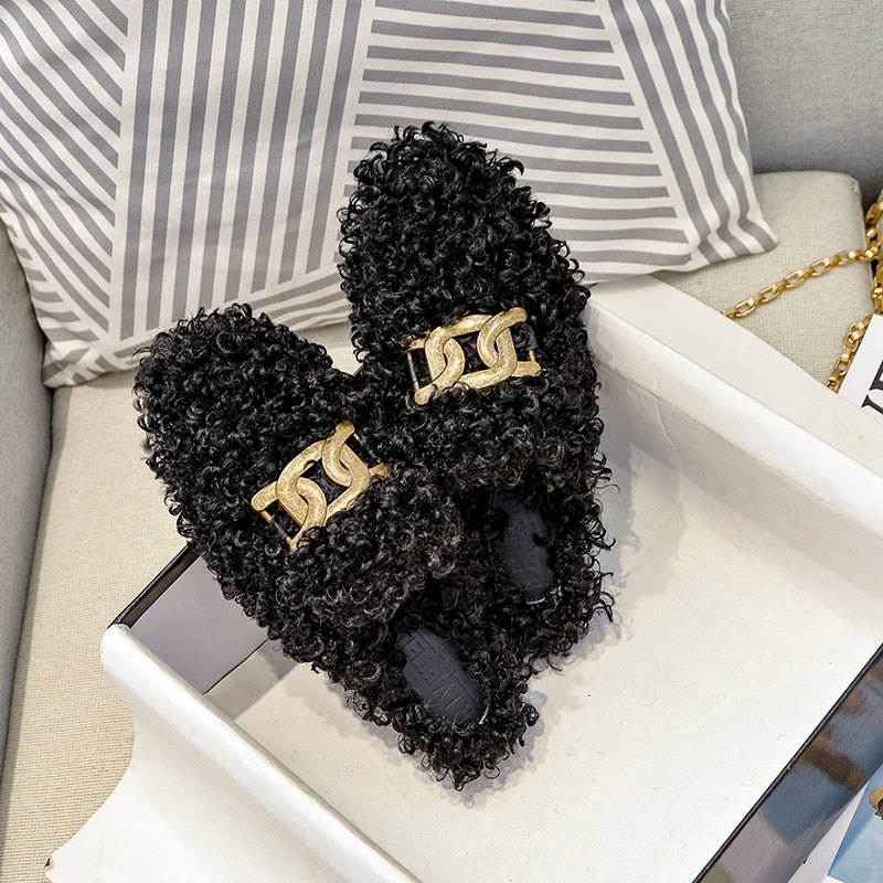 2021 New Winter Warm Plush Women's Outdoor Slippers Metal flats fashion design large size 41-44 Muller shoes free shipping